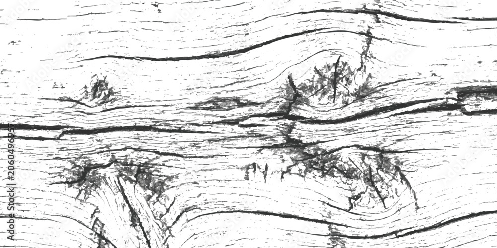 Obraz premium Black and white ink drawing of wood grain texture with knots and cracks for artistic background design patterns