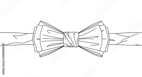 Simple black and white line drawing of a formal bow tie with horizontal ribbon ends extending from each side on a white background.
