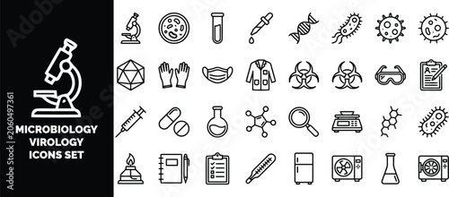 Fotografi Microbiology and virology set featuring laboratory equipment, bacteria, viruses,