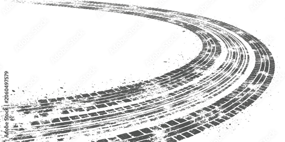 Obraz premium Black tire tracks forming a sharp curve on the ground showing high speed driving and dangerous drifting action
