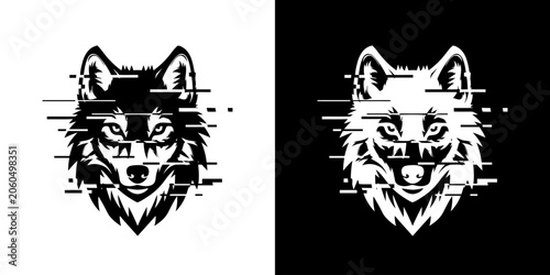 Wolf Head Glitch Art - Black and White Vector Illustration.