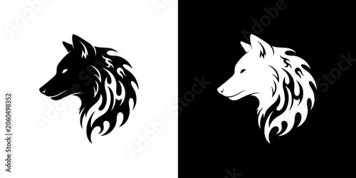 Wolf Head Silhouette with Tribal Flame Design in Contrasting Colors.