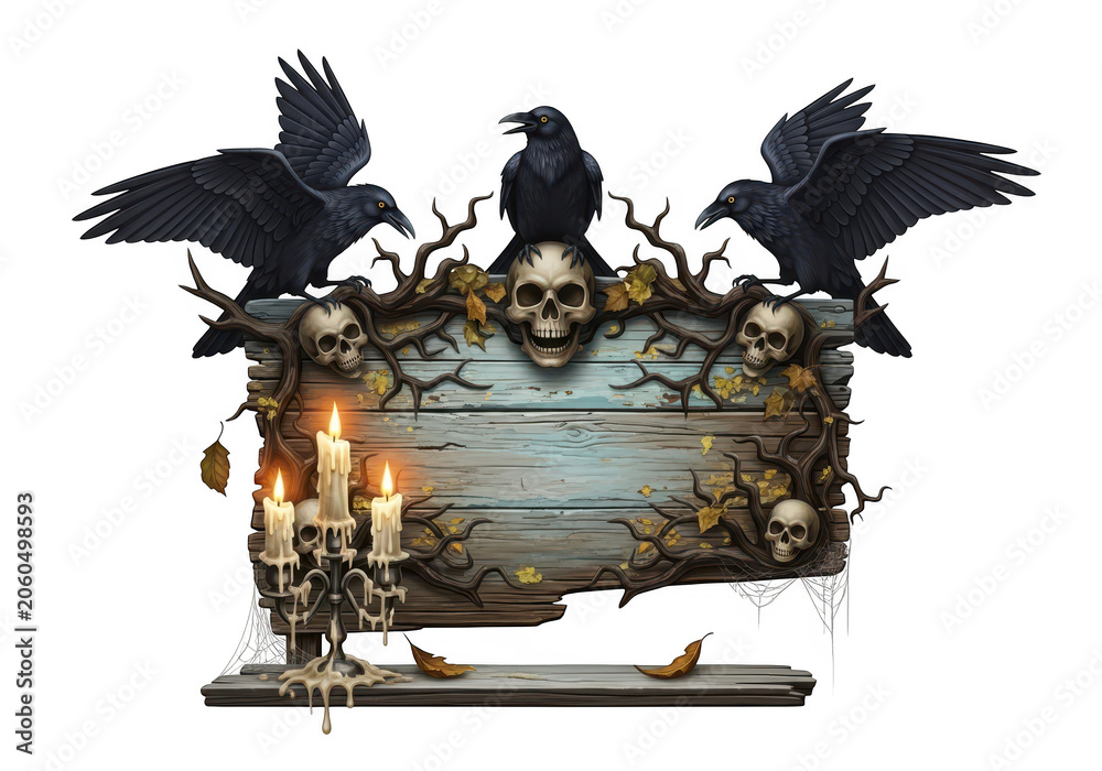 Obraz premium Gothic wooden sign with skulls and crows isolated on transparent background