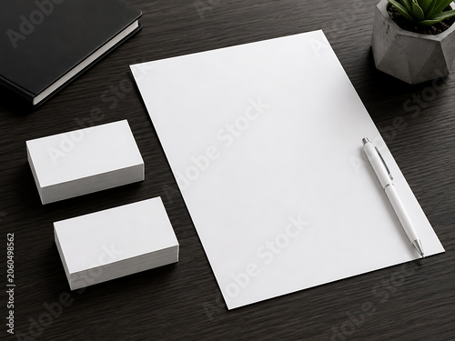 Minimalist corporate stationery mockup, blank white letterhead and business cards on dark wood desk, professional branding identity template isolated on White Background ai