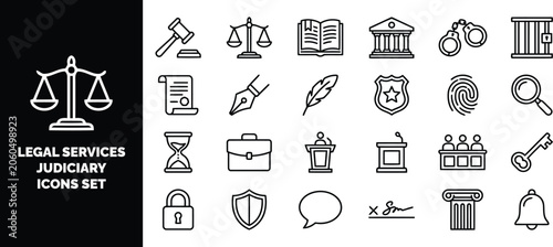 Schilderij op canvas Set of black and white line representing legal services, judiciary, law enforcem