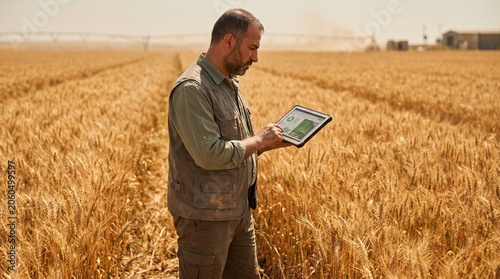 Farmer using digital tablet in golden wheat field under warm sunlight precision agriculture and crop monitoring concept
