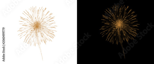Golden firework burst isolated on white and black backgrounds, sparkling gold pyrotechnic explosion, festive firework display for celebration