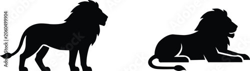 Black silhouette of a standing lion and a lying lion white animal