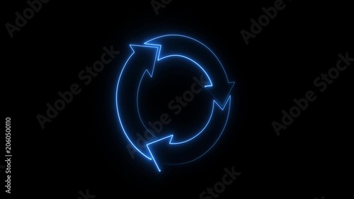 abstract glowing Neon line refresh arrow icon animation on black background. Abstract beautiful neon refresh and recycle icon animation background. 4k video.