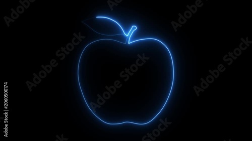 A glowing neon apple silhouette against a dark background.4k video.