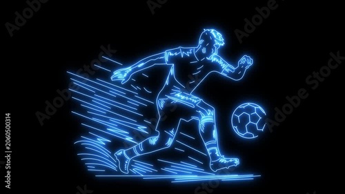 Neon-style football player performing a dynamic kick, representing passion, energy, and the spirit of the football game.4k video.