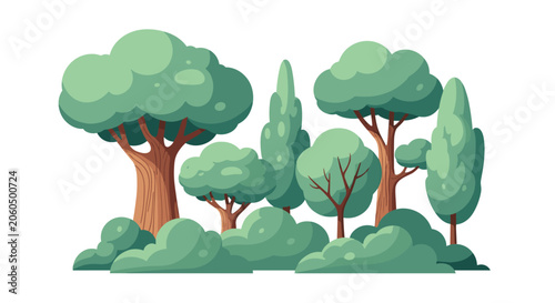 Flat vector illustration presents a diverse group of green trees and shrubs in various shapes and sizes clustered together on a white background.