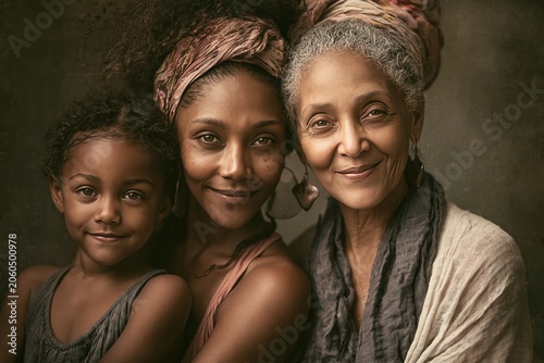 Black multi-generational family smiling, close studio portrait, affectionate connection