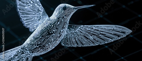 Cyber organic hummingbird with circuit patterned feathers