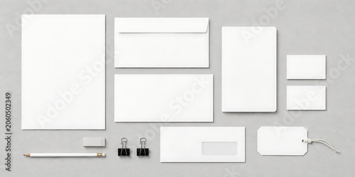 Minimalist corporate branding mockup set, white stationery identity collection, professional office supplies and letterhead isolated on White Background ai
