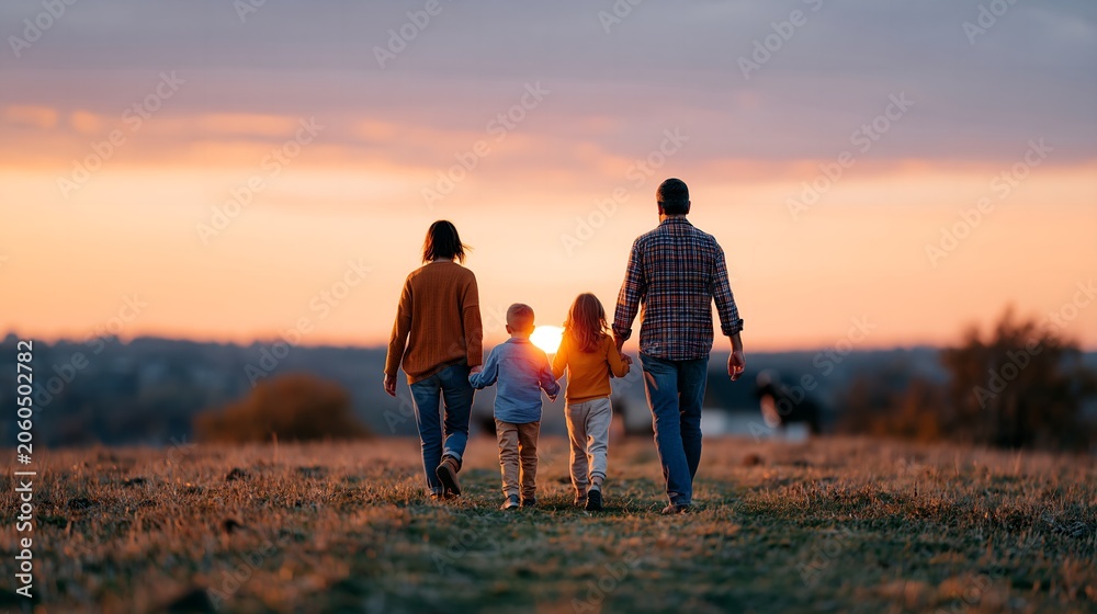 Fototapeta premium Family walks hand-in-hand through golden field at sunset.