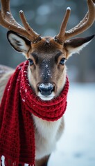 Close-up portrait of reindeer with large antlers wearing bright red knitted scarf against snowy forest background. Fur dusted with snow, dark eyes look directly at camera. Image conveys warm, festive