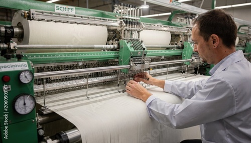 Medium view of a technician finetuning alignment bars on Schiffli machinery focused on achieving accurate repeat positioning across large yardage rolls.