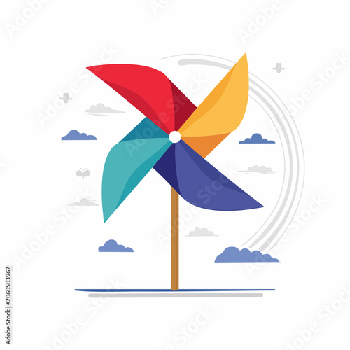 Colorful Pinwheel Spinning in the Wind with Clouds