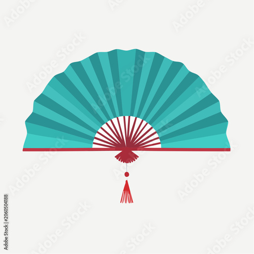 Turquoise Folding Fan with Red Tassel