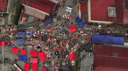 Hmong Market in Meo Vac, Dong Van District, Ha Giang Province, Vietnam. A market on weekends, ethnic minorities. Aerial