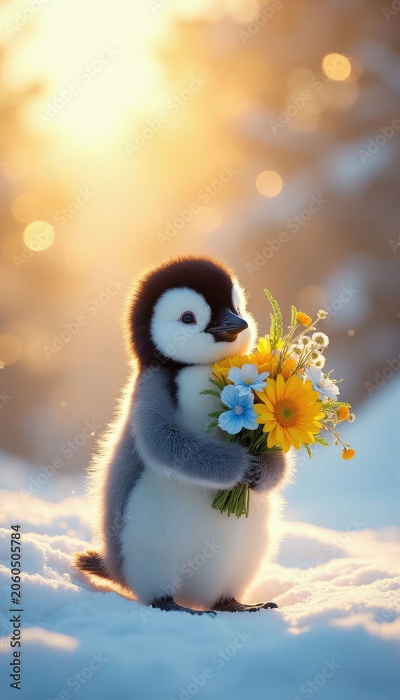 Obraz premium Fluffy baby penguin holds bright flower bouquet on snowy background. Cute chick stands on snow with wildflowers in soft golden light. Adorable animal offers gift.