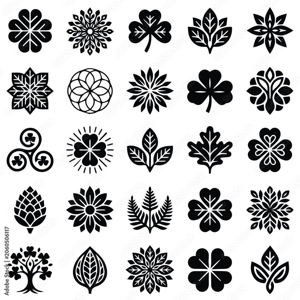 Fototapeta premium Collection of 25 black botanical and leafy pattern symbols with four leaf
