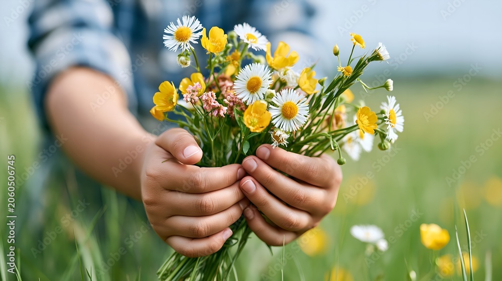 Naklejka premium Child holds wildflowers in grassy field.