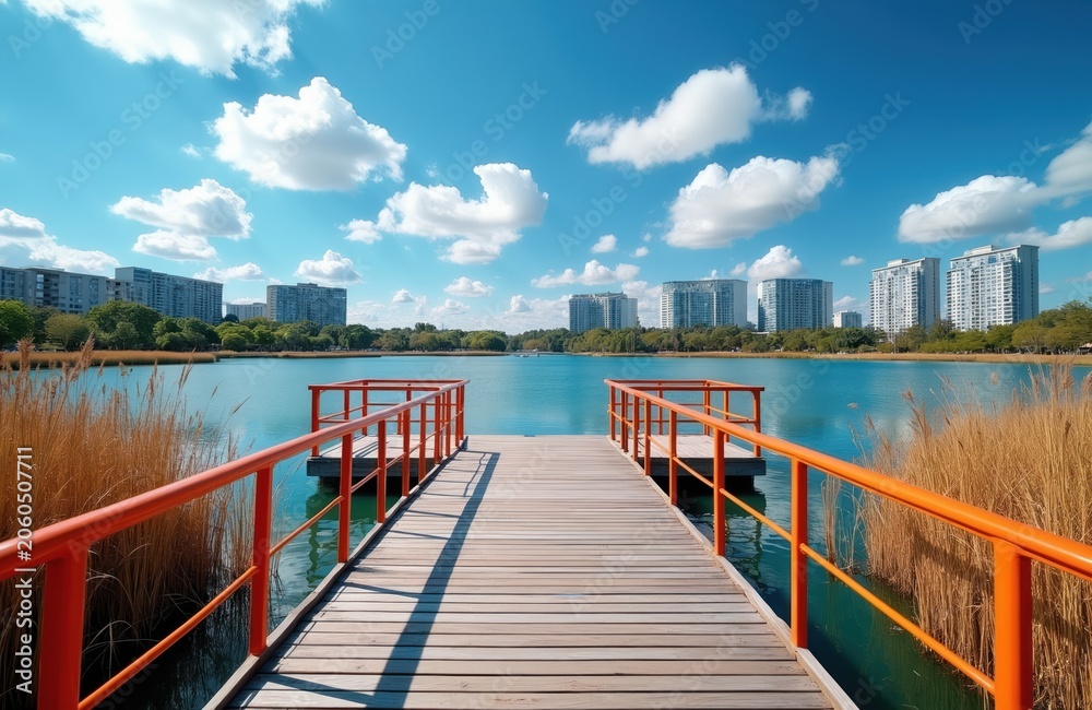 Fototapeta premium Wooden pier with orange railings on bright blue lake. Tall buildings stand across water. Dry reeds grow on shore. Sunny day with white clouds in sky.