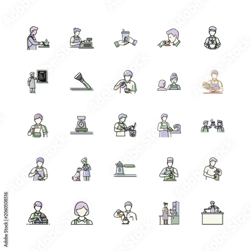 Coffee Shop Icons in Flat Style or Barista Line Art Illustrations