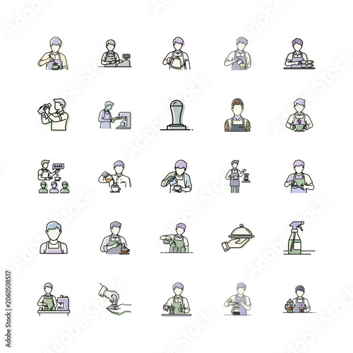 Barista Icons in Minimalist Style or Coffee Shop Vector Illustrations