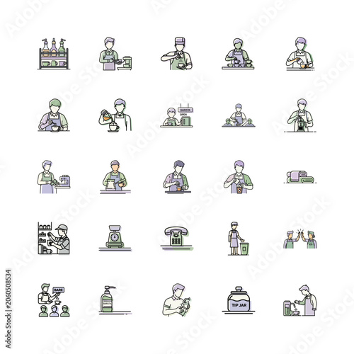 Barista Icons in Vector Style or Coffee Shop Illustration Set