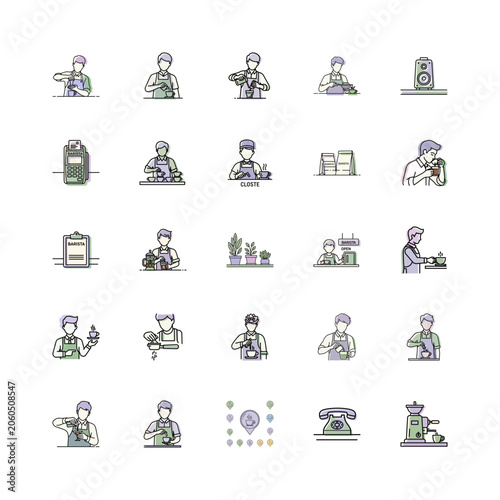 Barista Line Art Illustration or Coffee Shop Icon Set