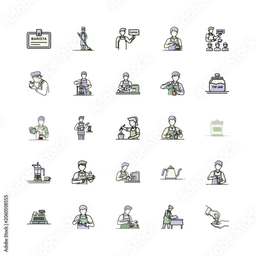 Barista Icons in Vector Style or Coffee Shop Illustration Set