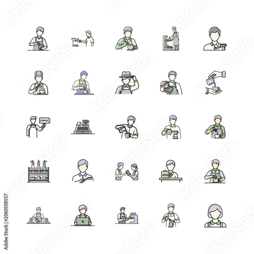 Coffee Barista Icon Set or Line Art Barista Illustrations