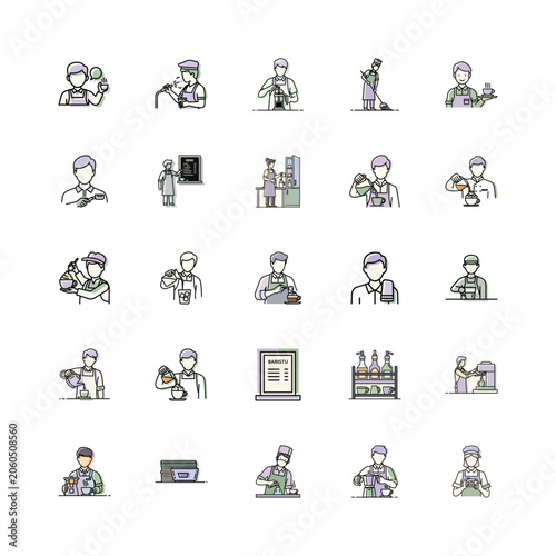 Barista Icons in Minimalist Style or Coffee Shop Vector Illustrations