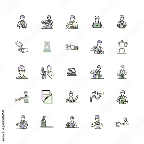Coffee Barista Icon Set or Flat Line Art Cafe Illustrations