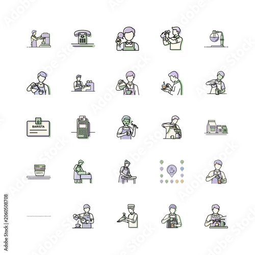 Barista Icons in a Trendy Style or Coffee Shop Vector Illustrations