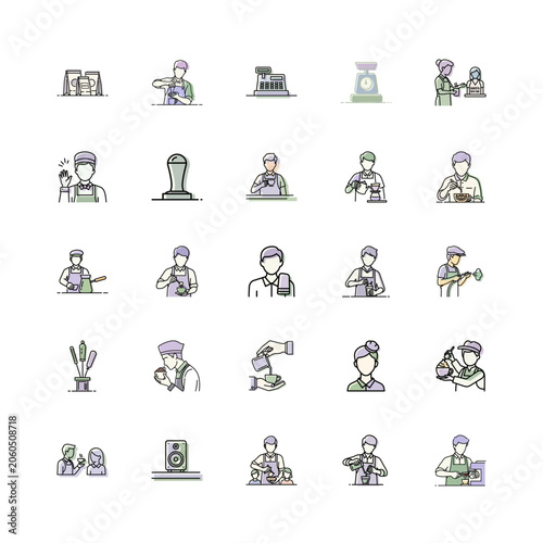 Barista Icons in Minimalist Style or Coffee Shop Vector Illustrations
