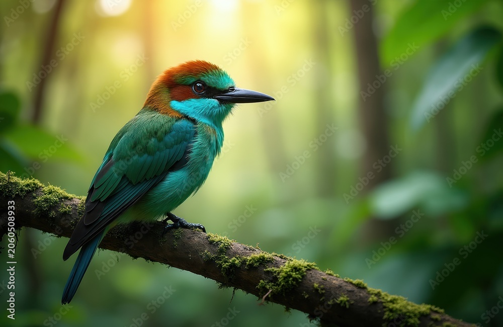 Obraz premium Colorful bird with turquoise and green feathers rests on mossy tree branch in sunlit jungle. Small avian creature perches on wood in rich green forest during daytime.