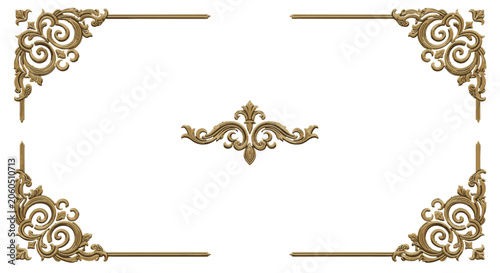 Set of golden ornamental corner and center divider elements, vintage luxurious design on isolated white background