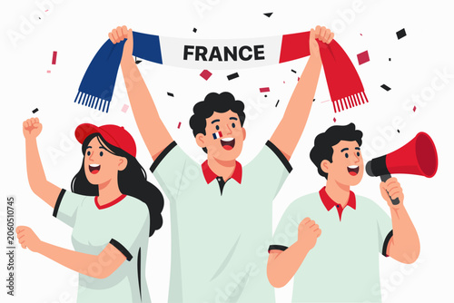 Vector illustration of enthusiastic French football supporters celebrating a victory with national colors, fan scarf, cheering crowd, and festive atmosphere. Ideal for soccer tournaments, championship