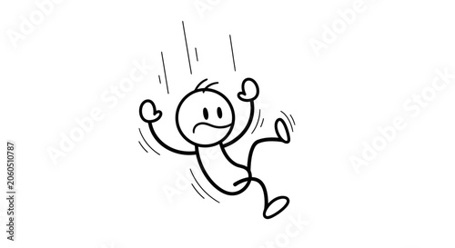 Canvastavla Cartoon stick man falling with an angry and frustrated expression, black and whi
