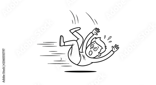 Cartoon stick man falling headfirst with a surprised expression, black and white outline doodle on isolated white background