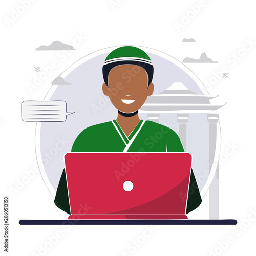 Man using laptop with chat bubble and building background