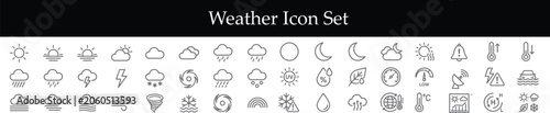 Complete Weather forecast symbol icon collection featuring various meteorological conditions in line art style as isolated object