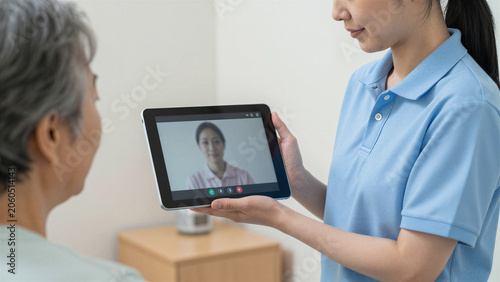 Japanese Female Caregiver Supporting Online Family Visit Using Tablet, Copy space on the left