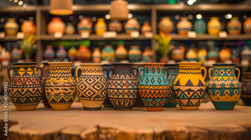 A row of colorful handmade ceramic jugs and mugs with traditional geometric designs sits on a table inside a warmly lit market shop. Decorative pottery pieces in multiple colors are arranged in front