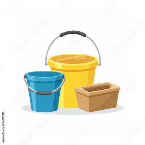 Blue and Yellow Buckets with Wooden Crate Illustration