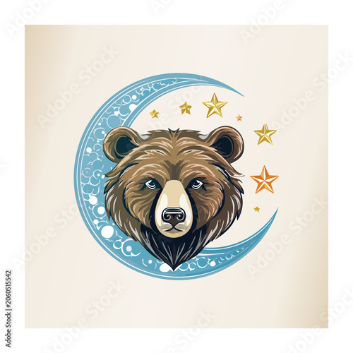 Cartoon Bear Head with Moon and Stars Illustration